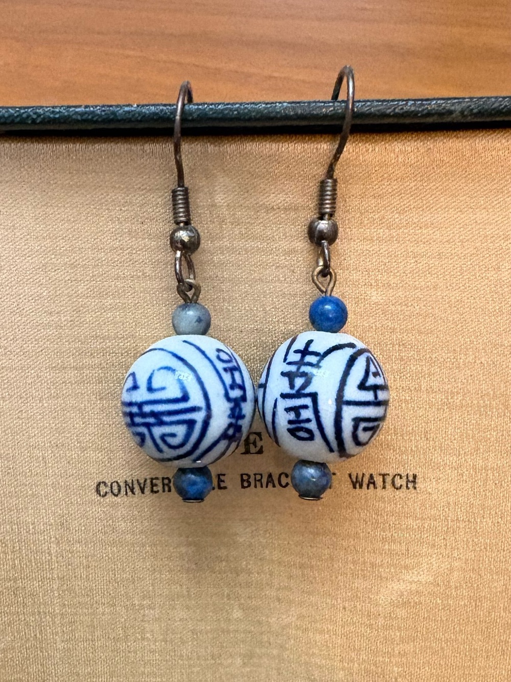 Blue and White Chinese Ceramic Bead Drop Earrings